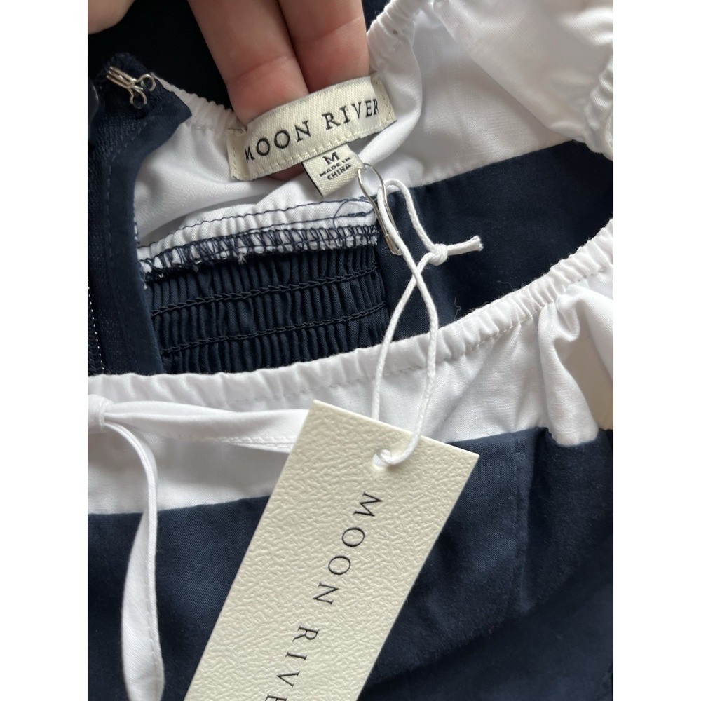New MOON RIVER Sz M Dress Midi Navy White Bow Basque Smocked Back Tuckernuck NWT - Picture 9 of 12
